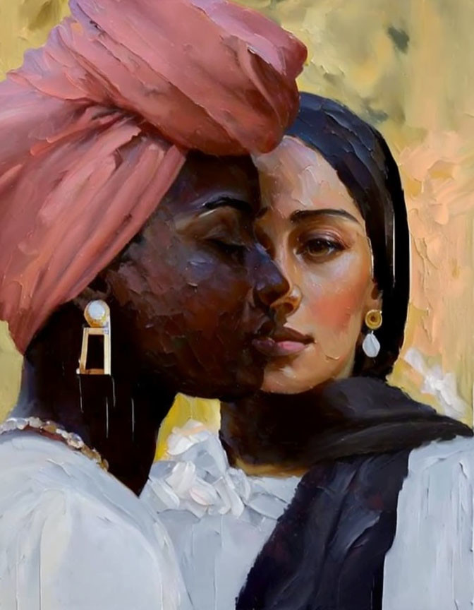 Traditional attire: Two women embrace in pink headwrap and hoop earrings on gold background