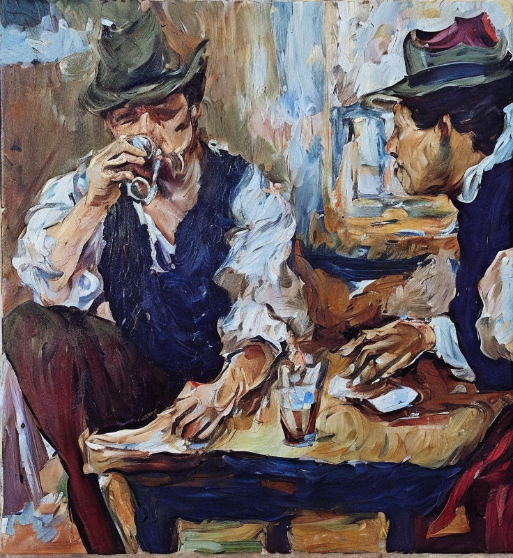 Vibrant painting of two people at a table with expressive brush strokes