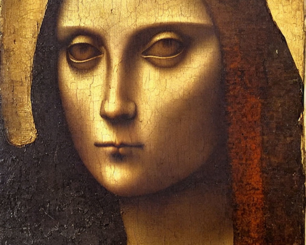 Classic painting of a woman's face with missing eyes and cracked texture.