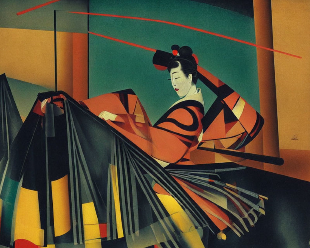 Geisha with intricate hairstyle holding fan in warm earth-toned backdrop