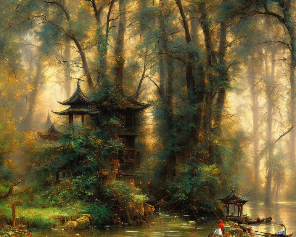 Tranquil Asian pagoda in misty forest with boat on water