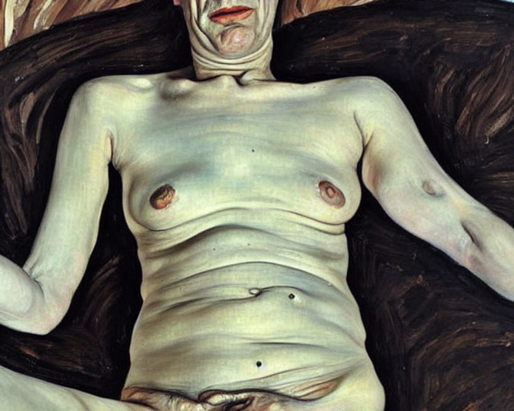 Shirtless Male Figure Resting on Dark Sofa in Painting