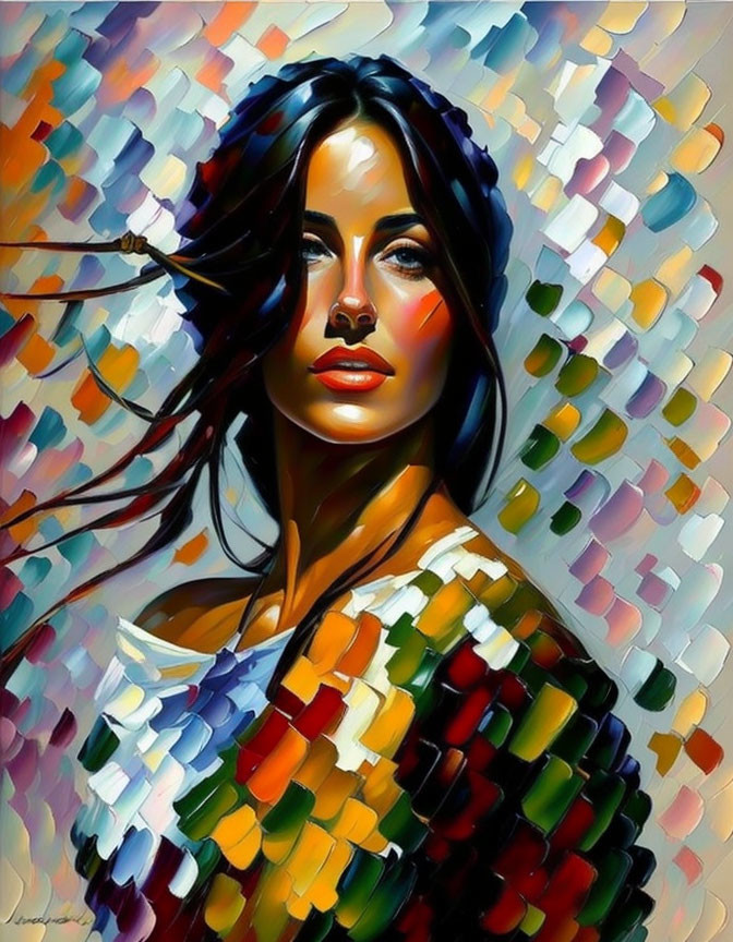 Colorful Cubist-Style Portrait of Woman with Mosaic Patterns