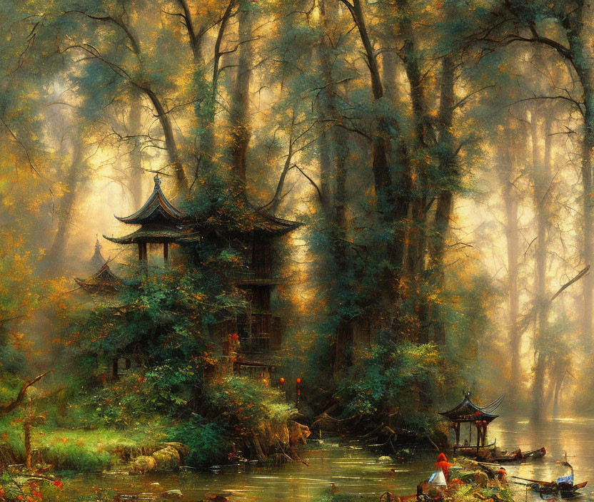 Tranquil Asian pagoda in misty forest with boat on water