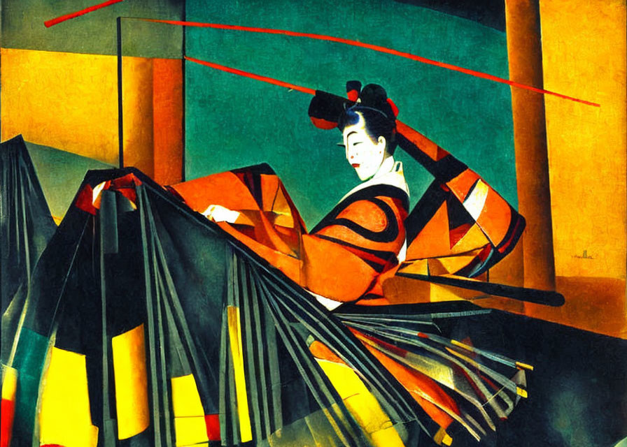 Geisha painting with fan against bold geometric background