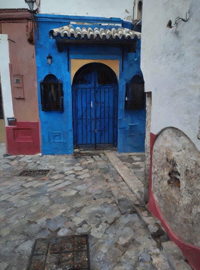 Traditional white and blue building with vibrant blue doorway and intricate metalwork on cobblestone street.