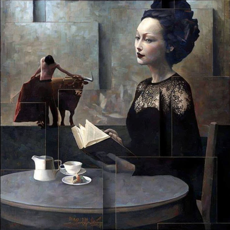 Woman in lace dress reading with coffee cup, bird, and surreal ship in background