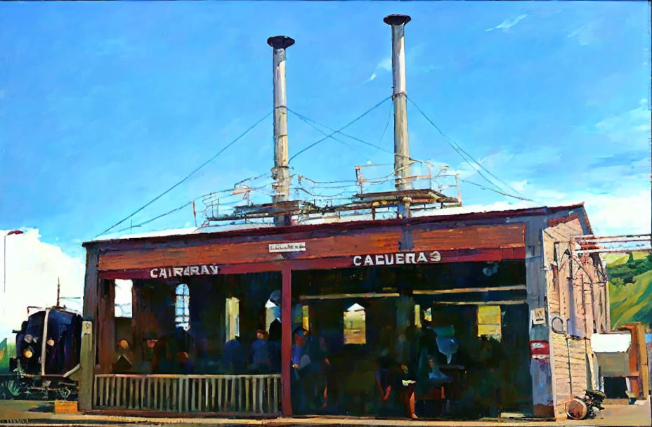 Stylized painting of a train station with people, train, signage, and twin chimneys.