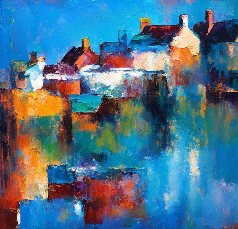 Vibrant Abstract Village Painting with Blue, Orange, and White Hues