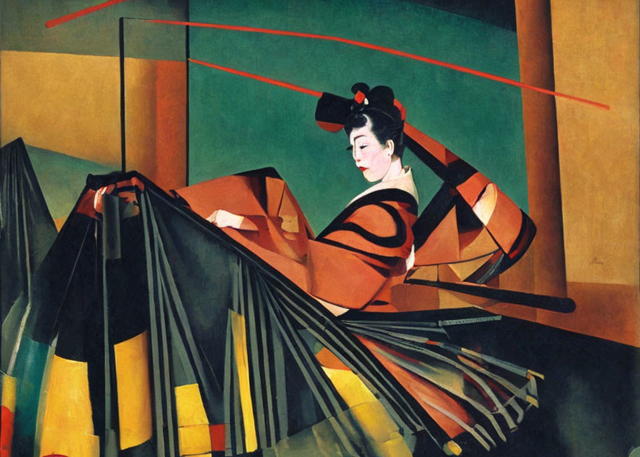 Traditional painting of woman with black hair holding fan in angular style