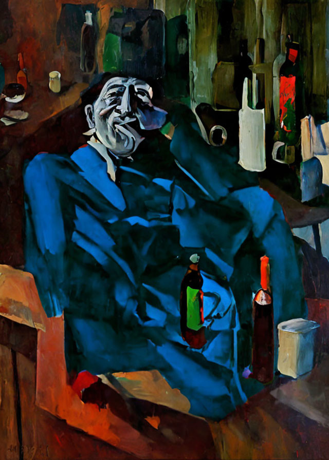 Man in blue shirt and black hat with drink, surrounded by bottles on table.