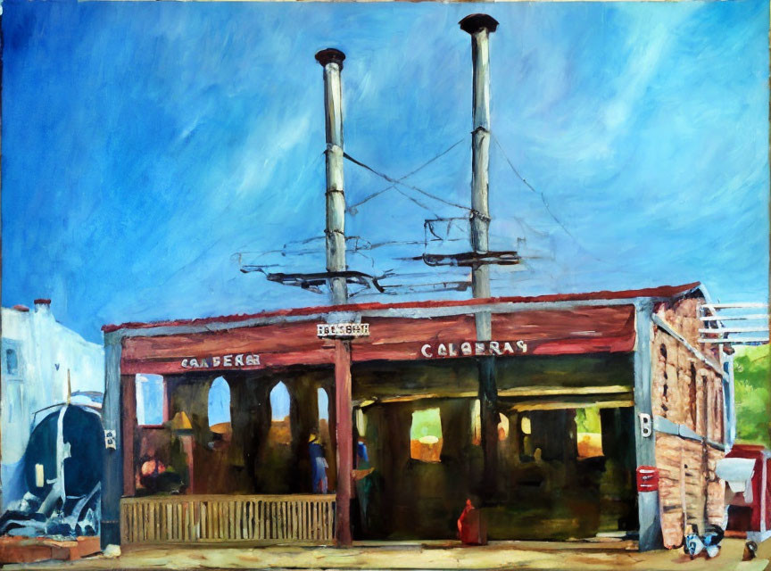 Rustic cafe painting with blue sky and utility poles