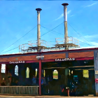 Stylized painting of a train station with people, train, signage, and twin chimneys.