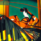 Geisha painting with fan against bold geometric background