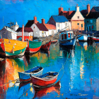 Vibrant Abstract Village Painting with Blue, Orange, and White Hues