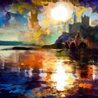 Vibrant sunset painting with reflections, silhouettes, and bright sun