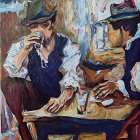 Vibrant painting of two people at a table with expressive brush strokes