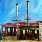 Rustic cafe painting with blue sky and utility poles