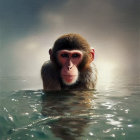 Contemplative monkey painting in water with dark background