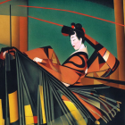 Traditional painting of woman with black hair holding fan in angular style