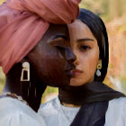 Traditional attire: Two women embrace in pink headwrap and hoop earrings on gold background