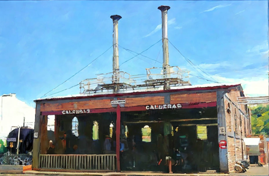 Industrial-style corner cafe painting with tall chimneys and patrons visible through large windows under clear blue sky