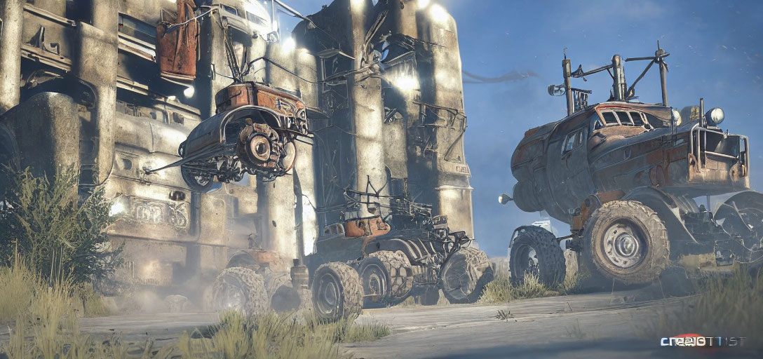 Post-Apocalyptic Landscape with Dilapidated Structures and Modified Vehicles