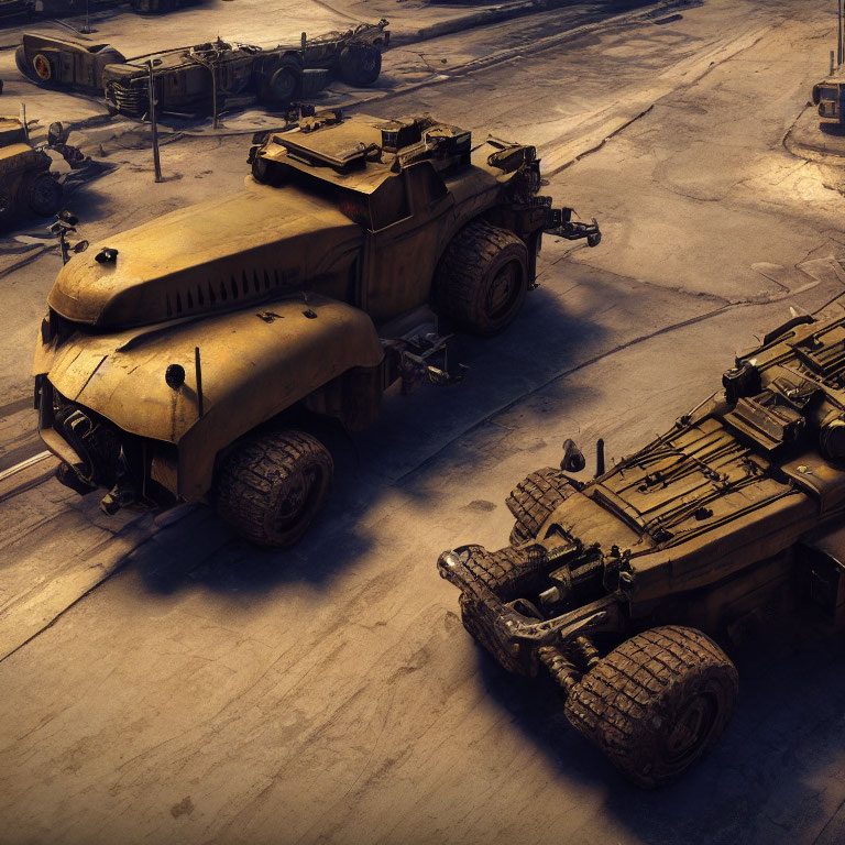 Armored military vehicles on dusty ground with warm sunlight.