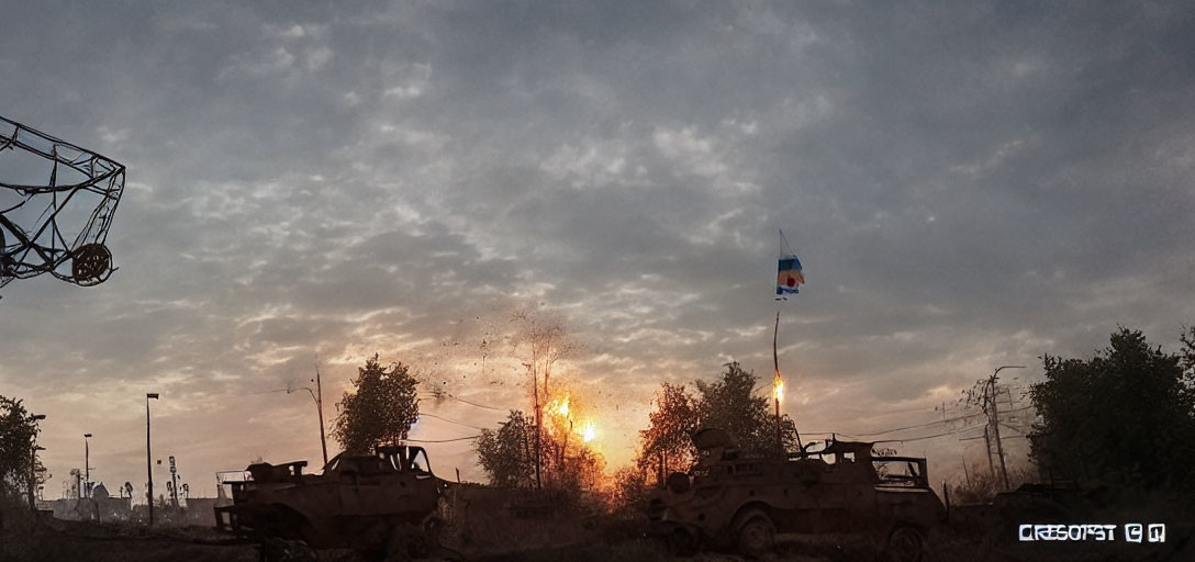 Military vehicles and explosion at sunset with flag pole in dramatic scene