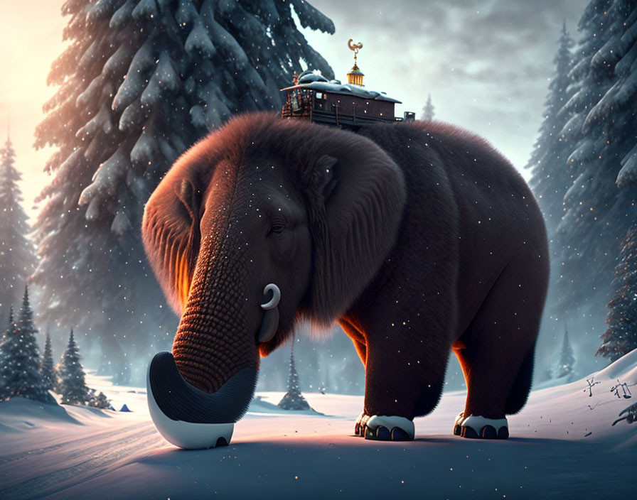 Elephant with small house in snowy landscape at twilight