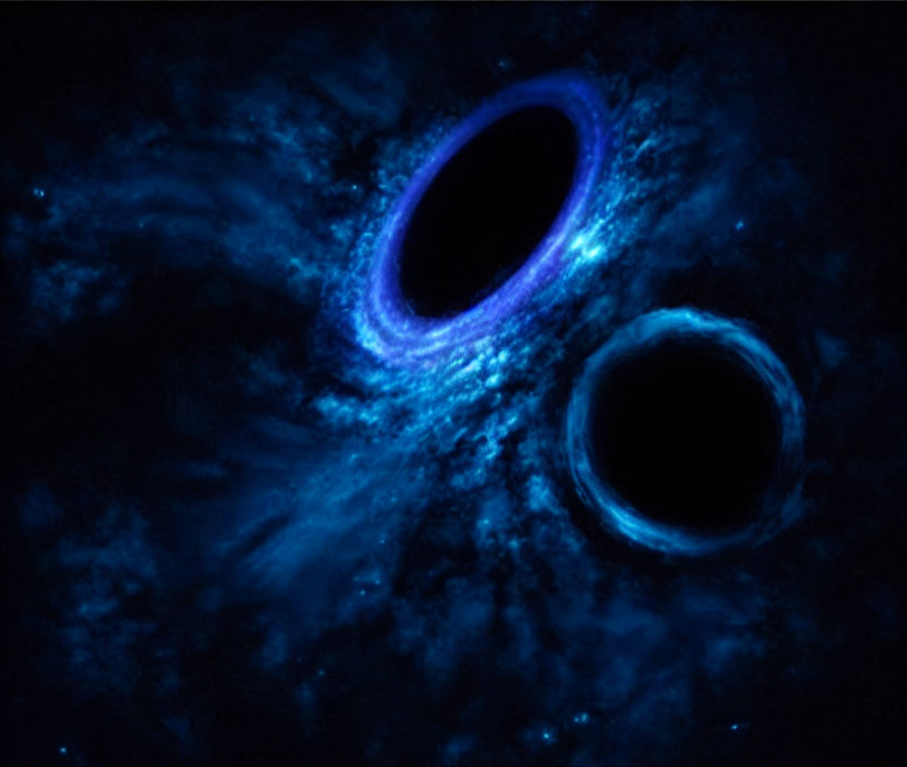 Illustration of two black holes amidst swirling blue energy in space