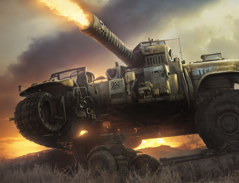 Armored vehicle with massive cannon in post-apocalyptic sunset warfare