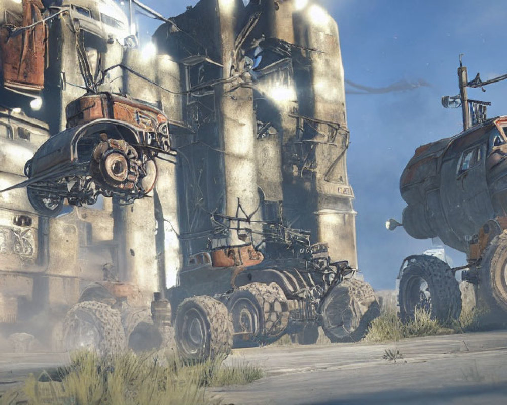 Post-Apocalyptic Landscape with Dilapidated Structures and Modified Vehicles