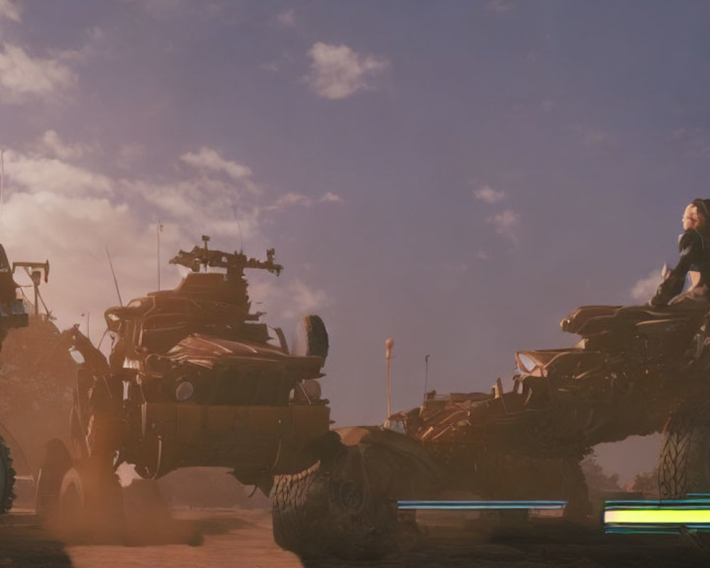 Futuristic armored vehicles racing in dusty desert under dramatic sky