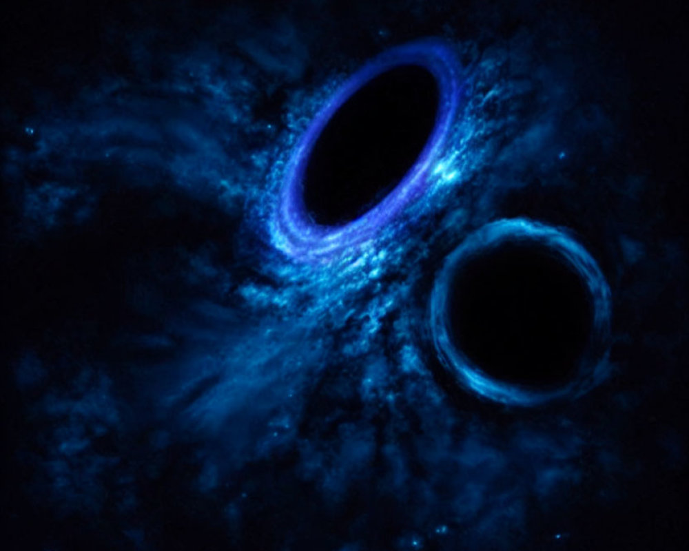 Illustration of two black holes amidst swirling blue energy in space