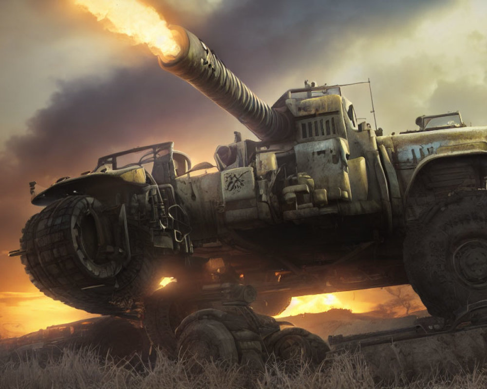 Armored vehicle with massive cannon in post-apocalyptic sunset warfare