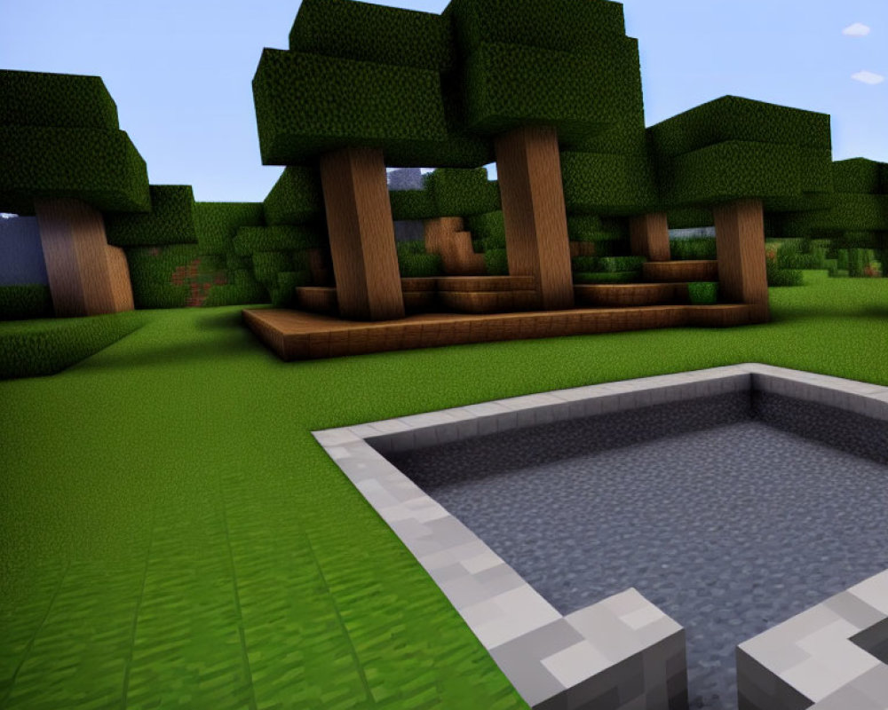 Pixelated trees and stone-lined pond in Minecraft landscape