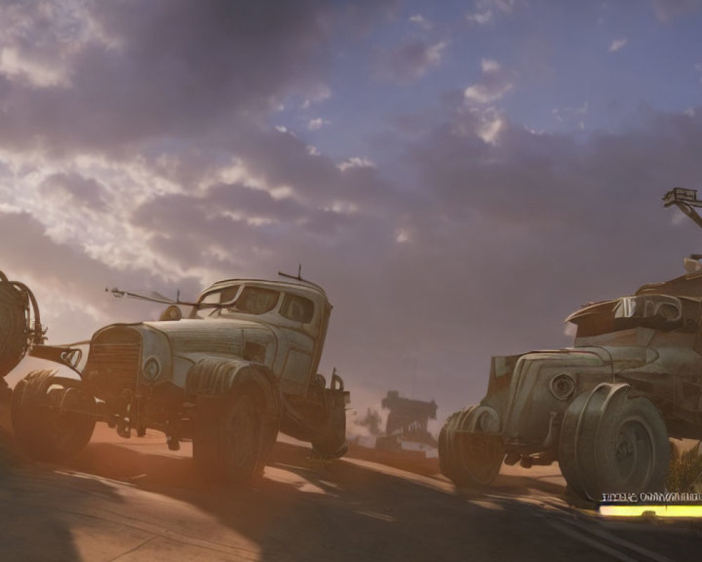 Anthropomorphic pickup trucks on dusty road under dramatic cloudy sky