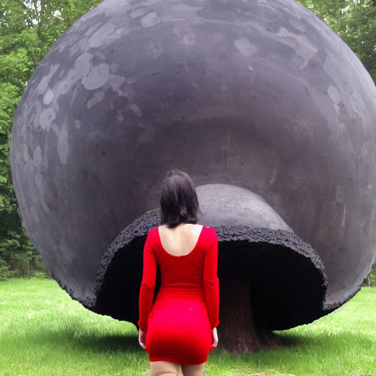 Woman in Red Dress Stands by Large Hollow Sphere Sculpture