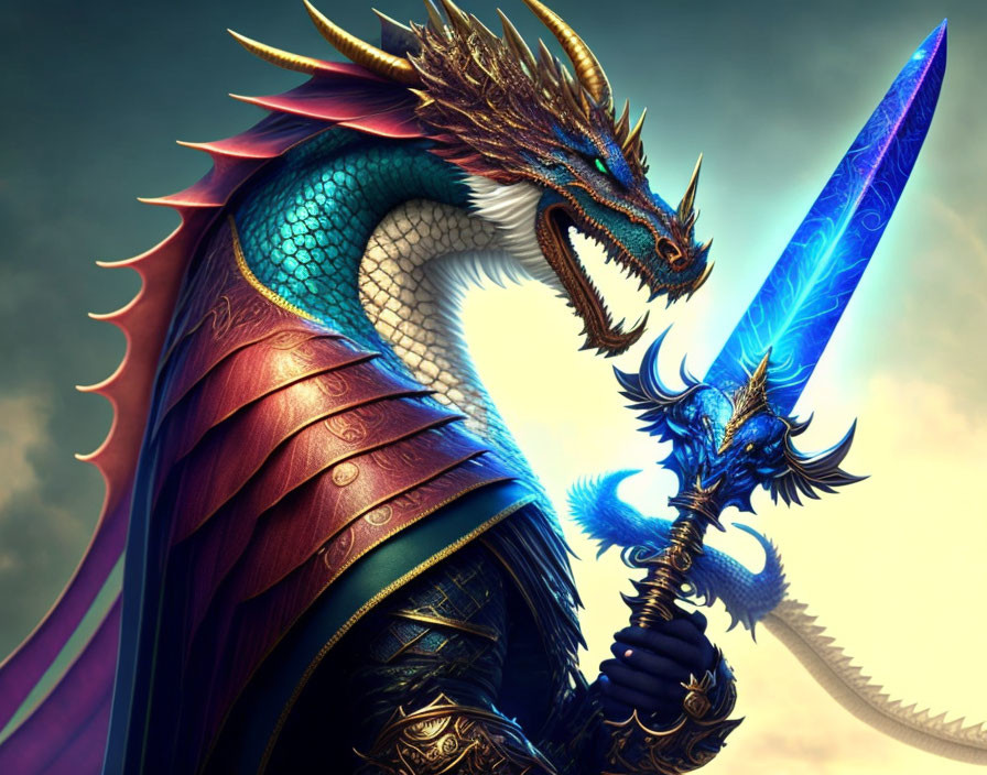 Armored knight with dragon head wields glowing blue sword in dramatic sky.