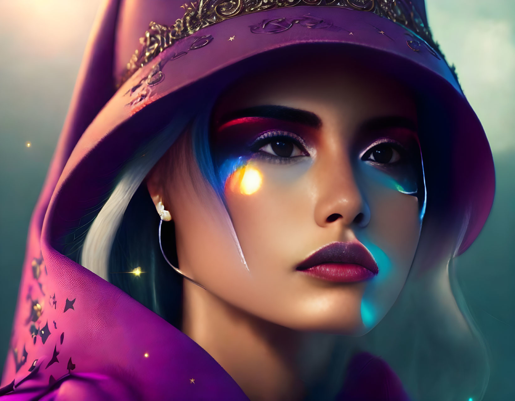 Striking makeup woman in purple star hat and cloak with colorful backdrop