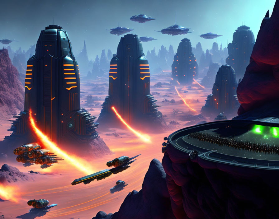 Futuristic landscape with towering buildings and flying saucers