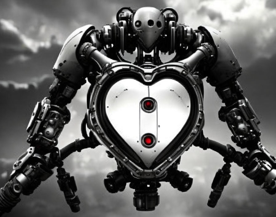 Heart-shaped torso humanoid robot with mechanical arms under cloudy sky