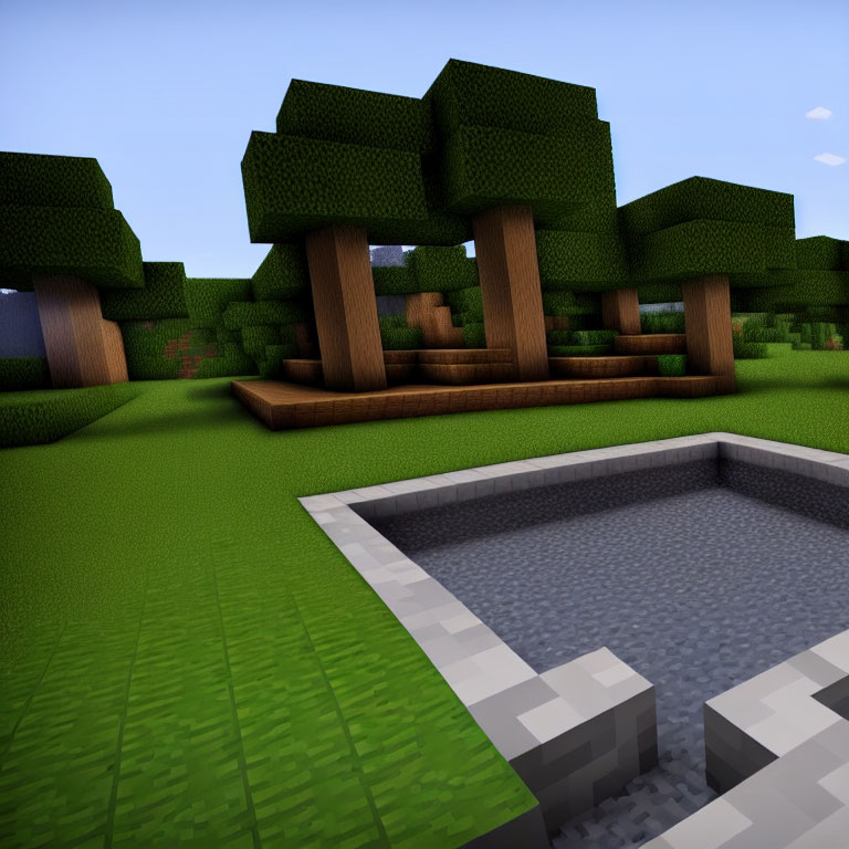 Pixelated trees and stone-lined pond in Minecraft landscape