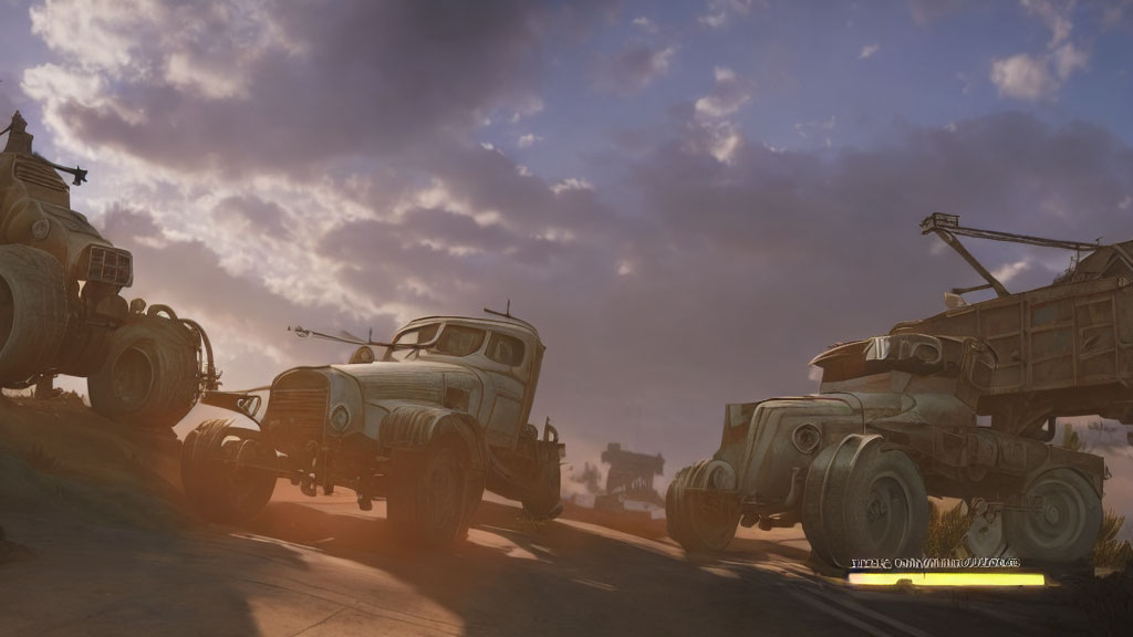 Anthropomorphic pickup trucks on dusty road under dramatic cloudy sky