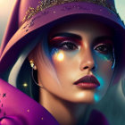 Striking makeup woman in purple star hat and cloak with colorful backdrop