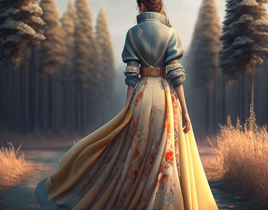 Woman in floral gown on forest path at twilight