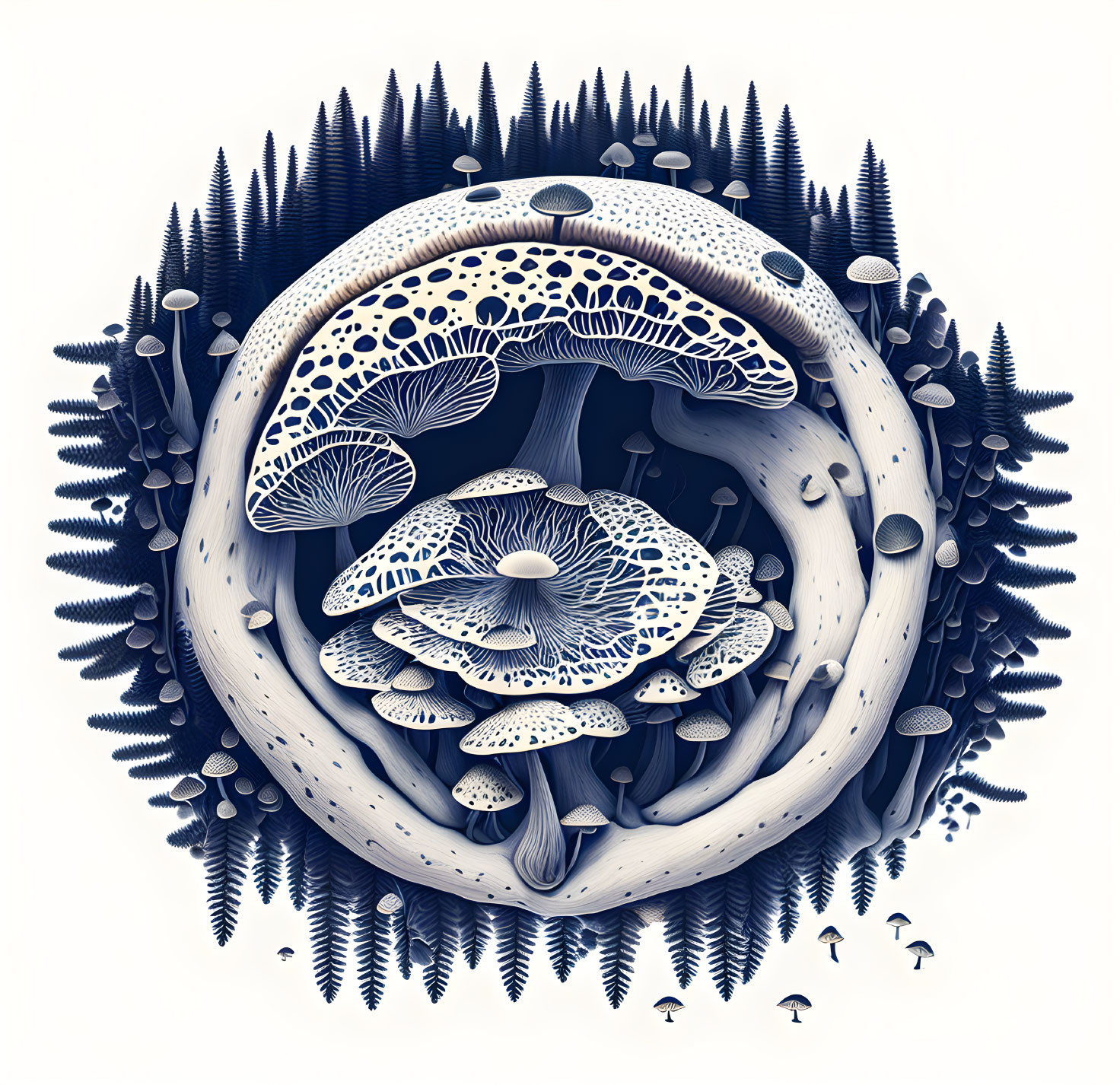 Circular Mushroom Illustration in Blue and White with Ferns and Flora