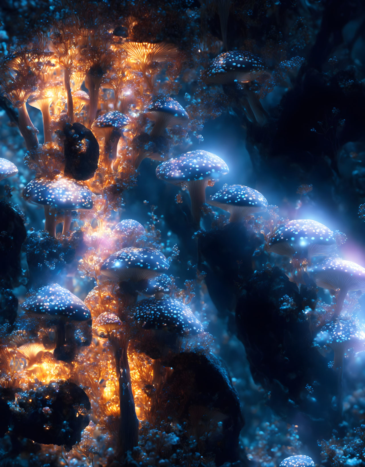 Luminescent blue and orange mushrooms in a mystical forest