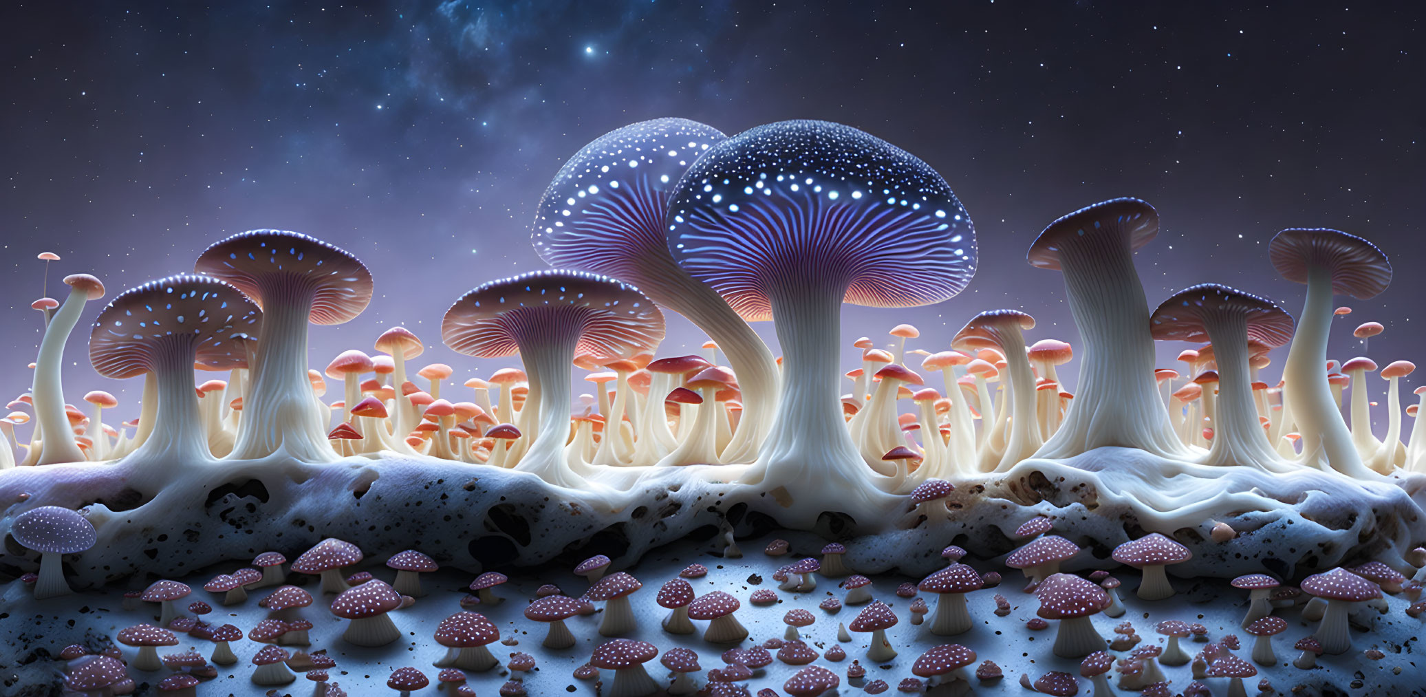 Glowing mushrooms on starry night backdrop: fantastical and magical.